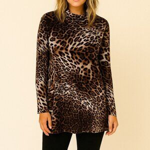 Susan Graver Liquid Knit Brown Cheetah Mock Neck Stretch Tunic, XL
